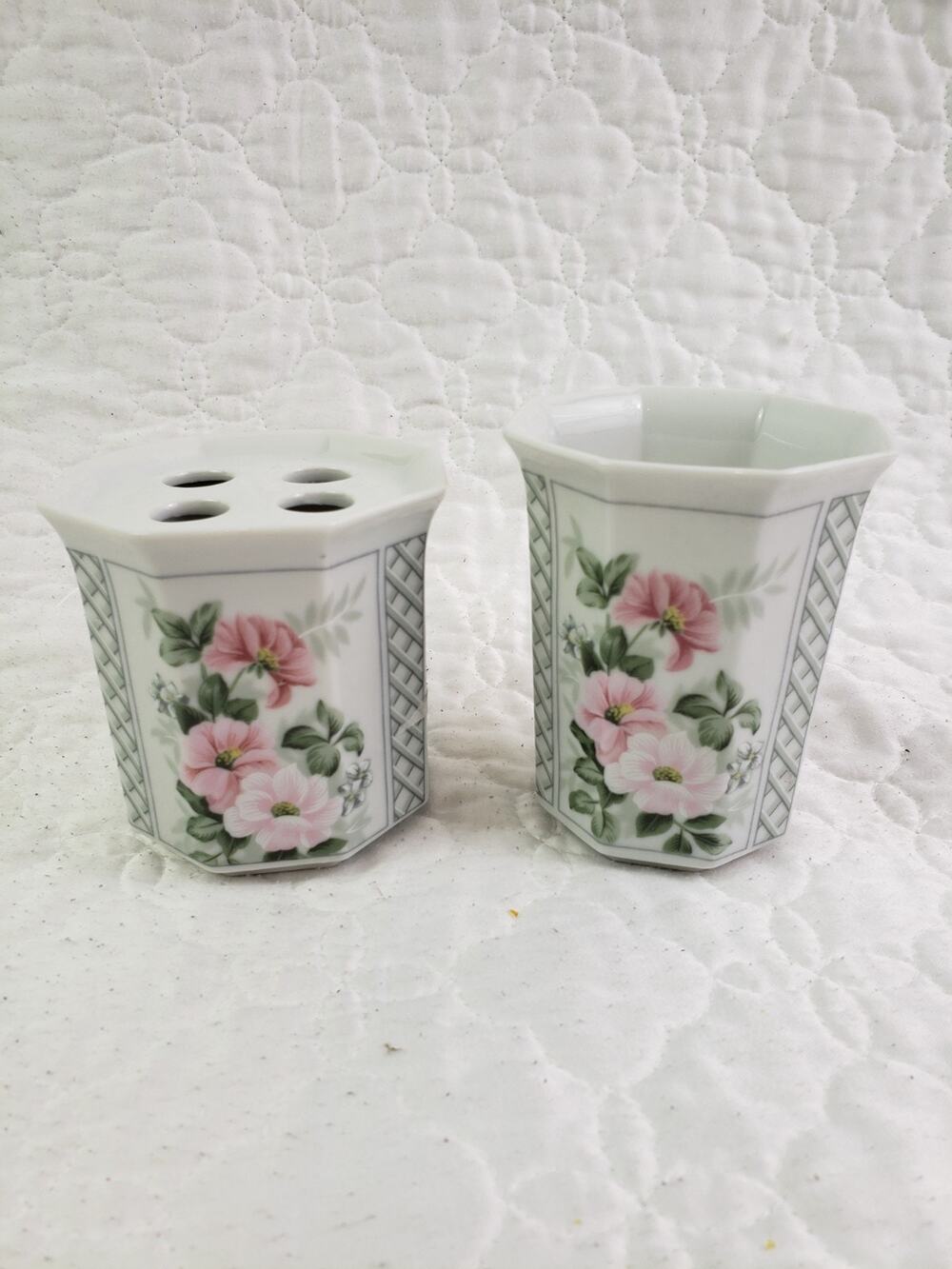 Andre Richard Garden Gazebo Ceramic Toothbrush Holder & Cup 1980s Japan